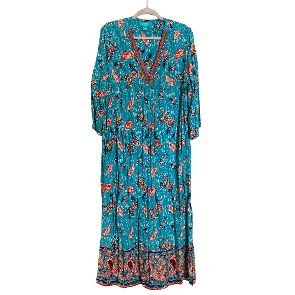 Kate Landry Casual Woman Floral Teal Maxi Kaftan Patio Dress 1X